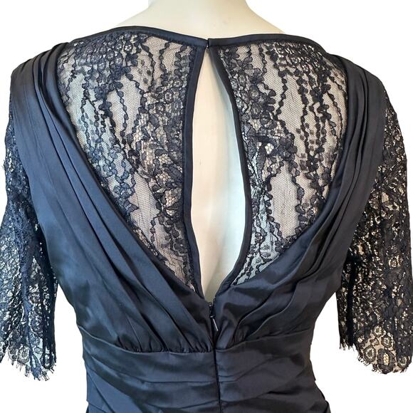 Theia Lace Sleeve Ruched Evening Dress 881865 Midnight Blue Mermaid Gown $748 8 - Picture 6 of 15